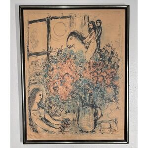 Marc Chagall Print Framed Wall Art Flowers‎ Horse Couple Vintage 70s Decor